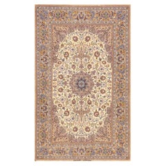 1940s Small Ivory Medallion Floral Mid Century Isfahan Handknotted Wool Rug