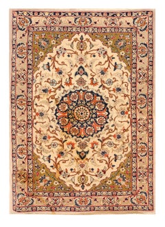 1940s Small Ivory Medallion Mid Century Modern Isfahan Silk Handknotted Wool Rug