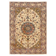 1940s Small Ivory Medallion Mid Century Modern Isfahan Silk Handknotted Wool Rug