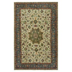 1940s Small Light Yellow Floral Antique Tabriz Knotted Wool Northwestern Rug