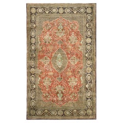 1940s Small Red Rust Field Formal Medallion Vintage Handknotted Qum Silk Rug