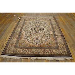 1940s Small Traditional Ivory Medallion Antique Qum Handknotted Wool Carpet Rug