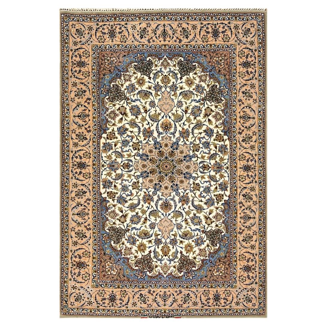 1940s Small Traditional Ivory Medallion Antique Qum Handknotted Wool Carpet Rug For Sale