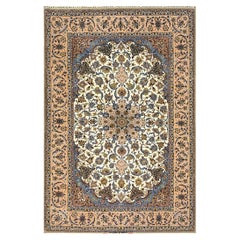 1940s Small Traditional Ivory Medallion Antique Qum Handknotted Wool Carpet Rug