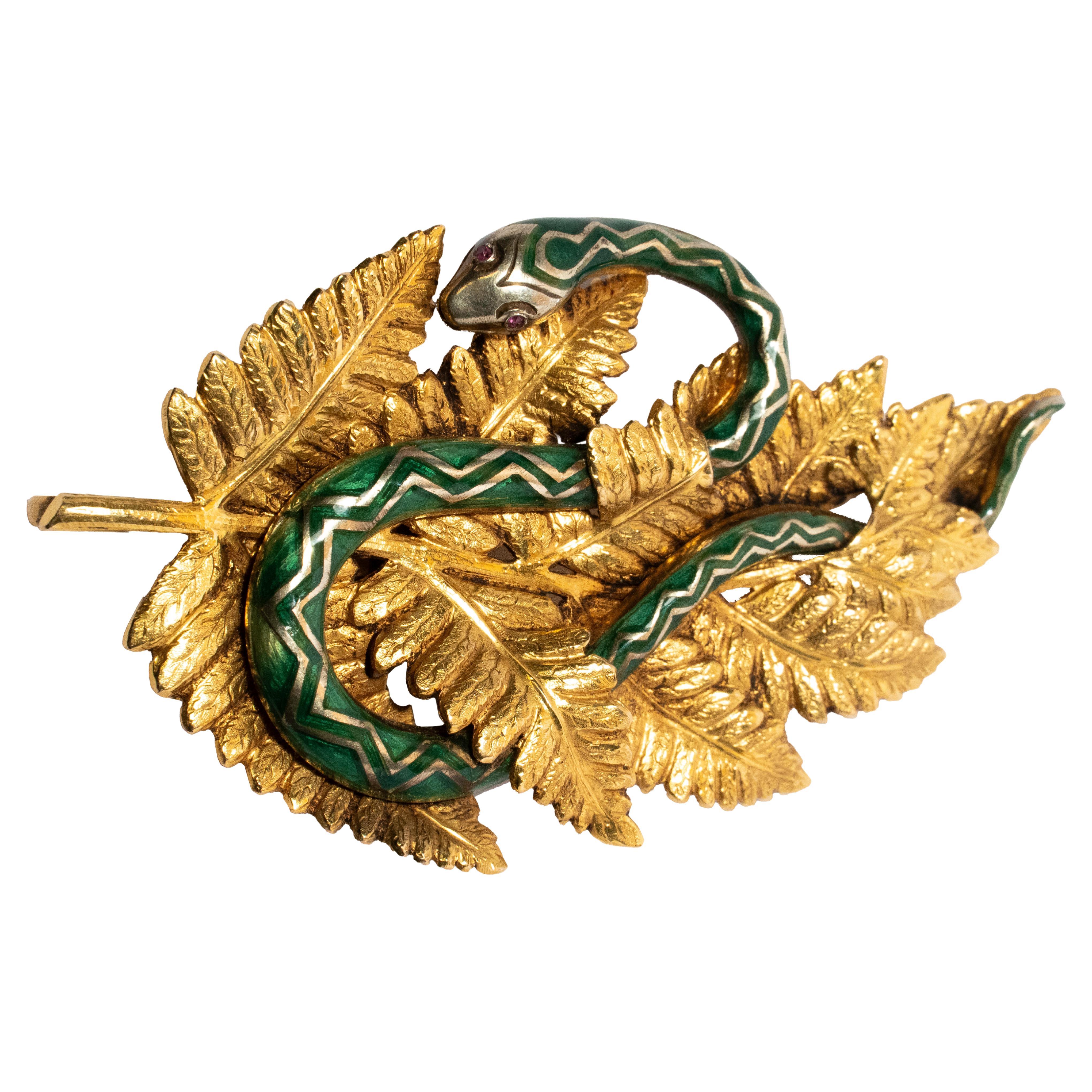 Swedish 1940's Snake in Fern Brooch/Pendant in 18k gold For Sale