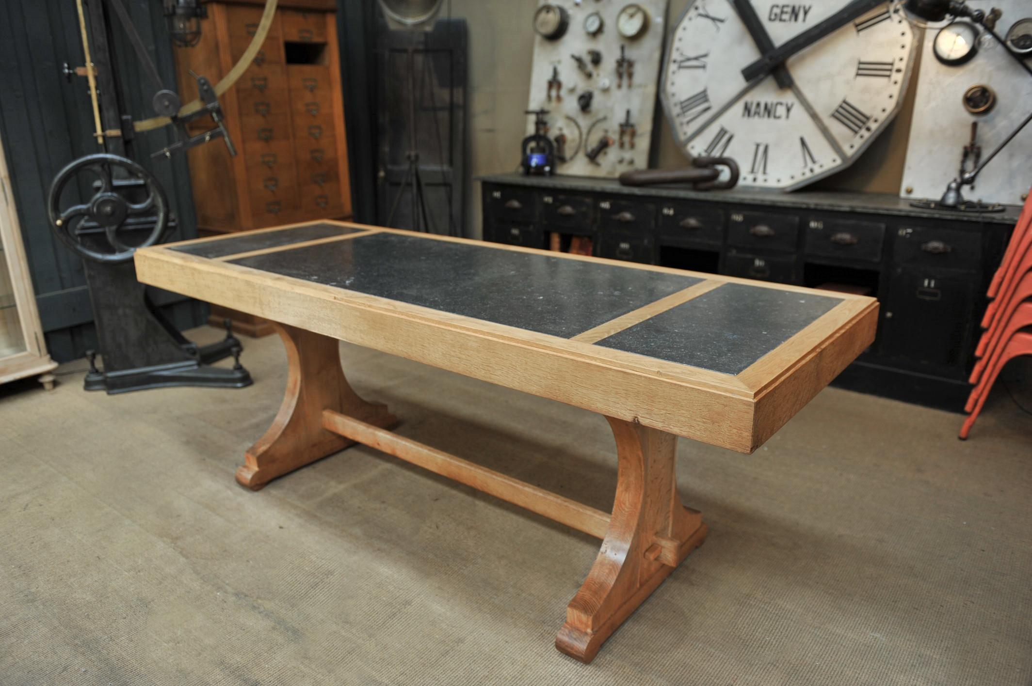 Solid oak dining table, console or centre table 1940s with recent removable blue stone on top.
   