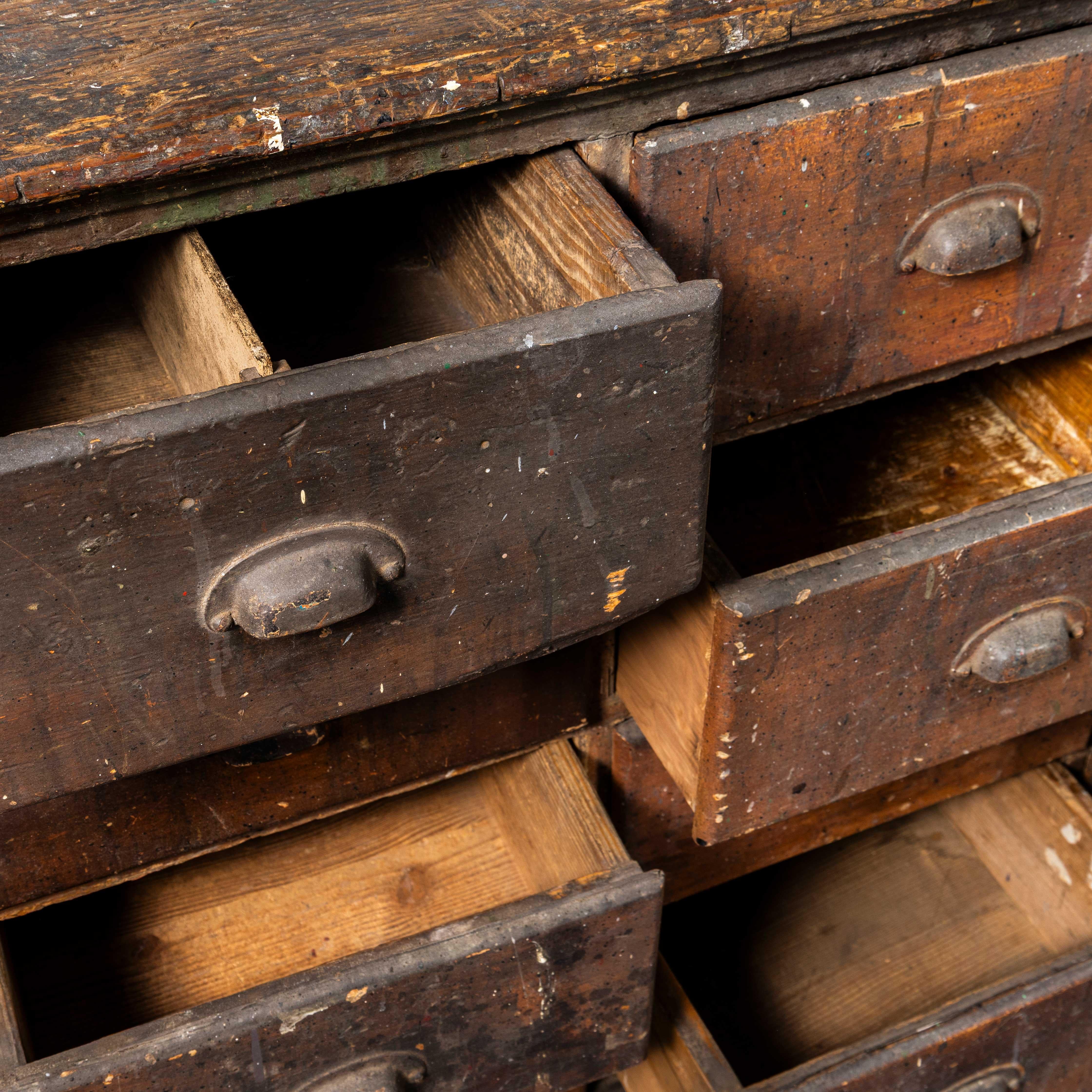 1940's Solid Pitch Pine French Merchants Bank Of Drawers - Sixteen Drawers In Good Condition For Sale In Hook, Hampshire