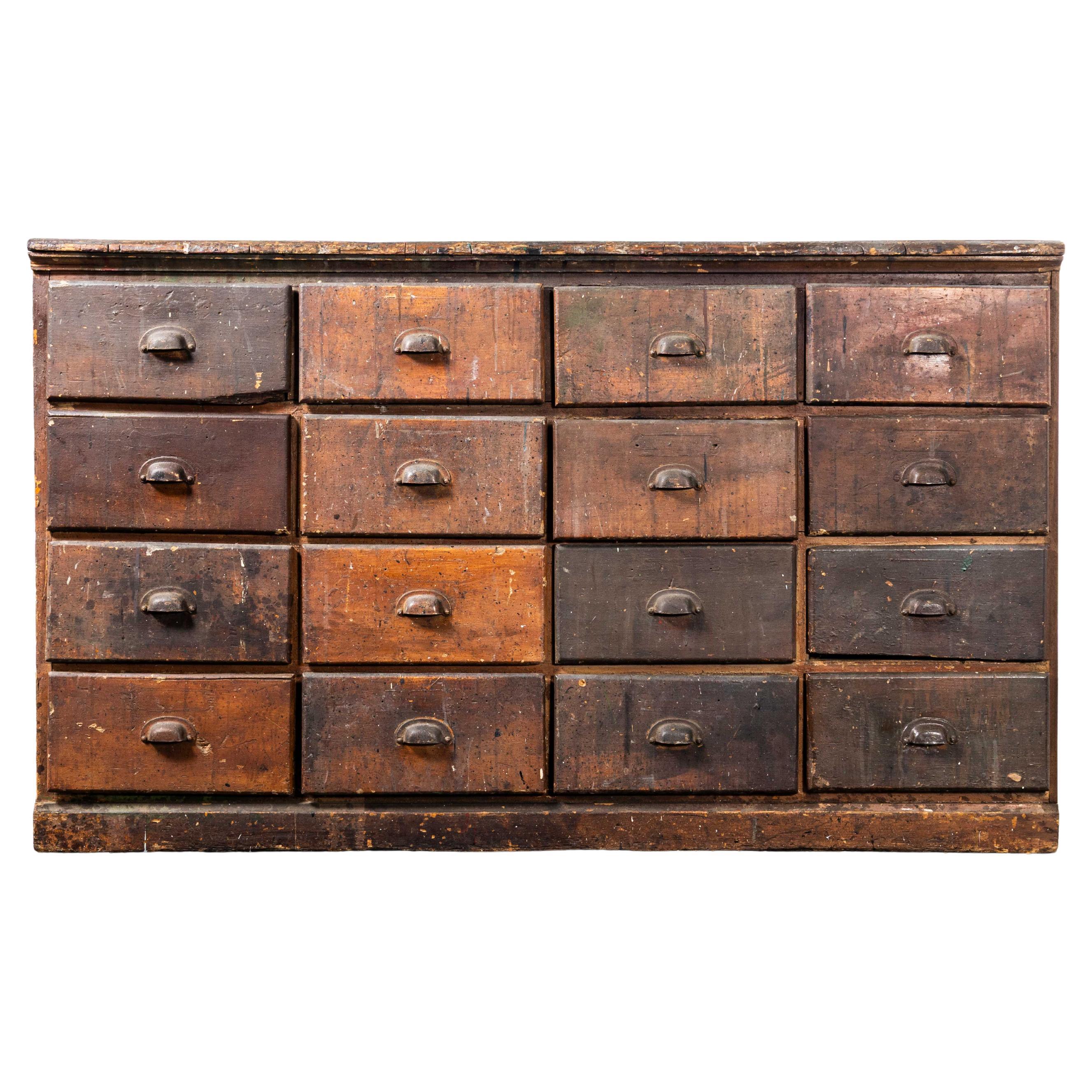 1940's Solid Pitch Pine French Merchants Bank Of Drawers - Sixteen Drawers For Sale