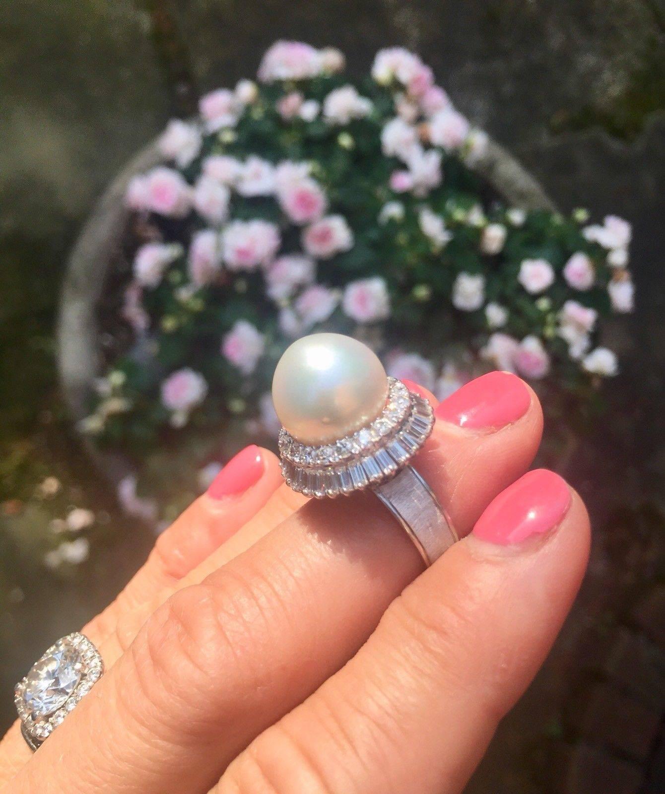 1940s South Seas Pearl 1.60 Carat VS Diamond 14k Gold Cocktail Ring In Excellent Condition In Shaker Heights, OH