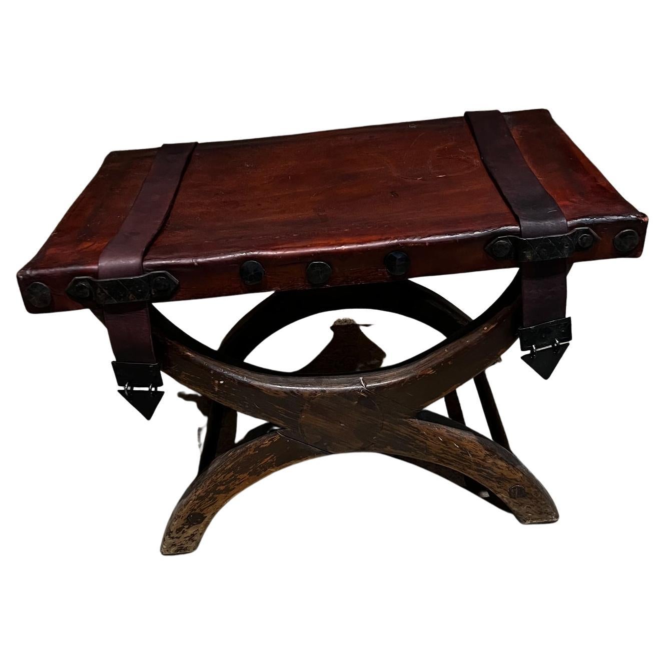 1940s Spanish Colonial Curule Miguelito Medallion Stool Leather and Mahogany For Sale