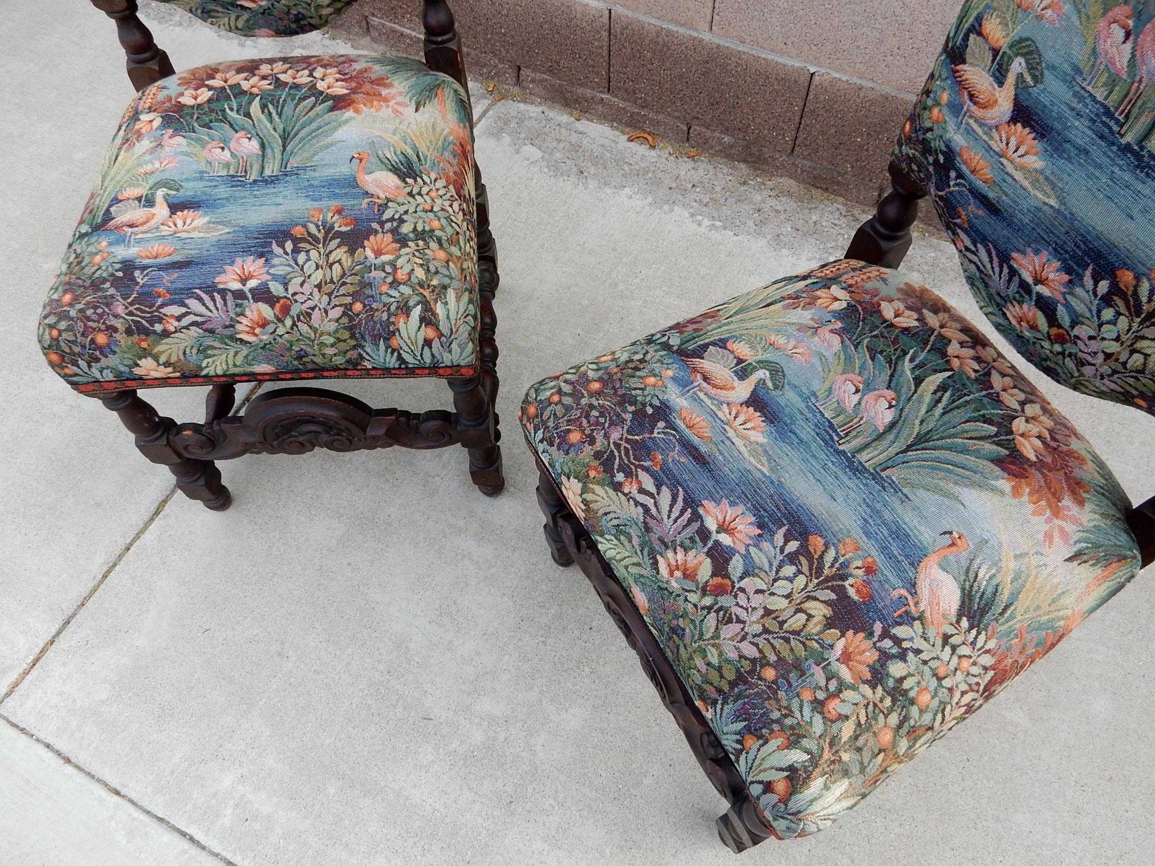 1940's Spanish Colonial Revival Chairs Dressed in Flamingo Garden Upholstery In Fair Condition In Las Vegas, NV
