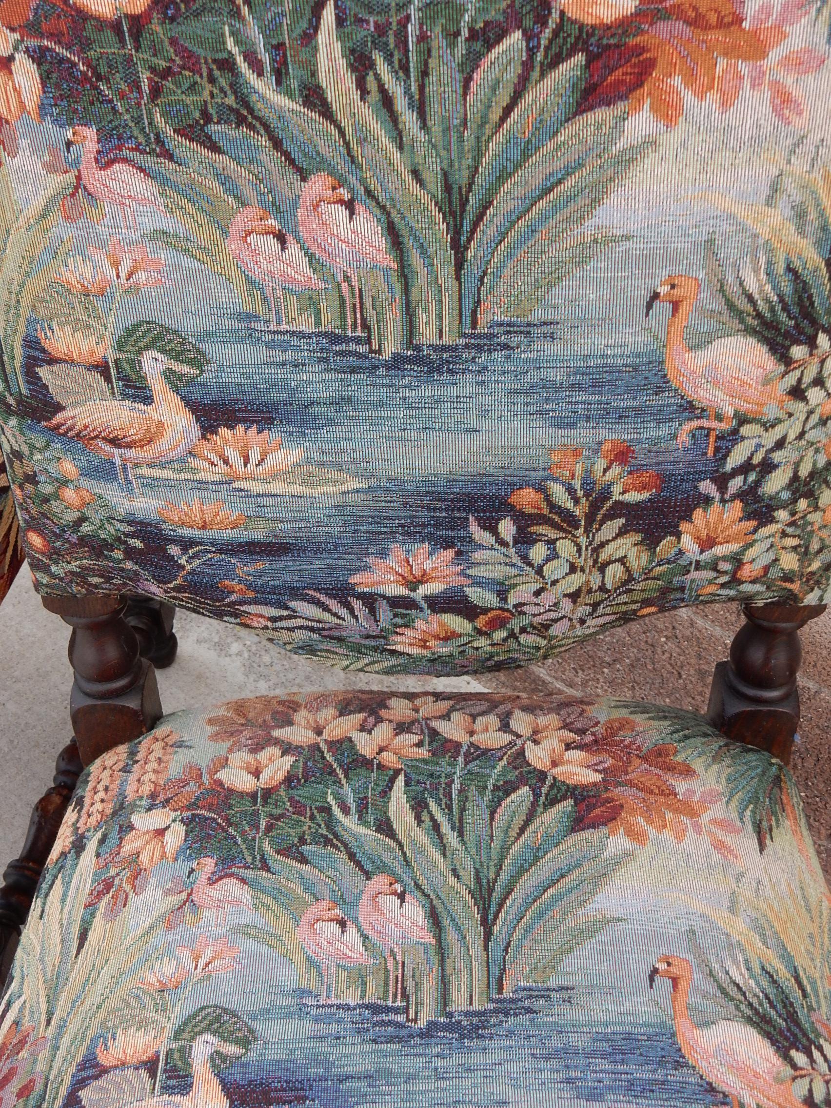 20th Century 1940's Spanish Colonial Revival Chairs Dressed in Flamingo Garden Upholstery
