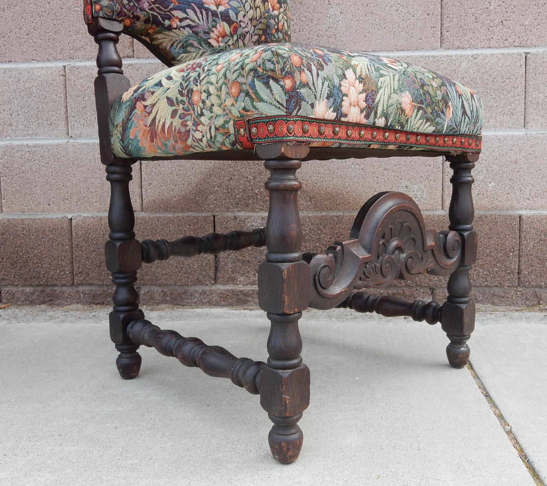Brass 1940's Spanish Colonial Revival Chairs Dressed in Flamingo Garden Upholstery