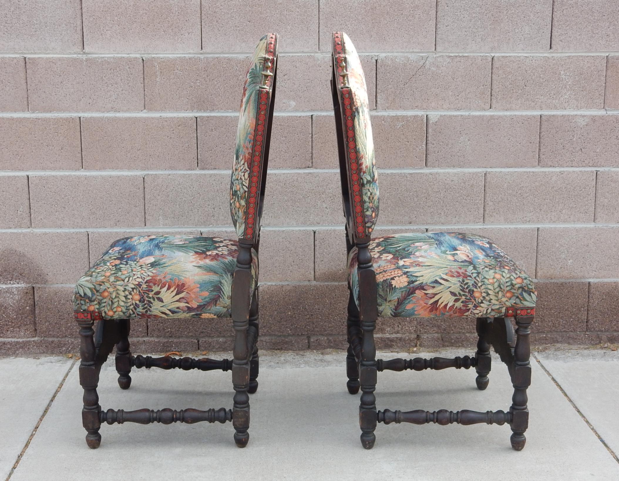 1940's Spanish Colonial Revival Chairs Dressed in Flamingo Garden Upholstery 2