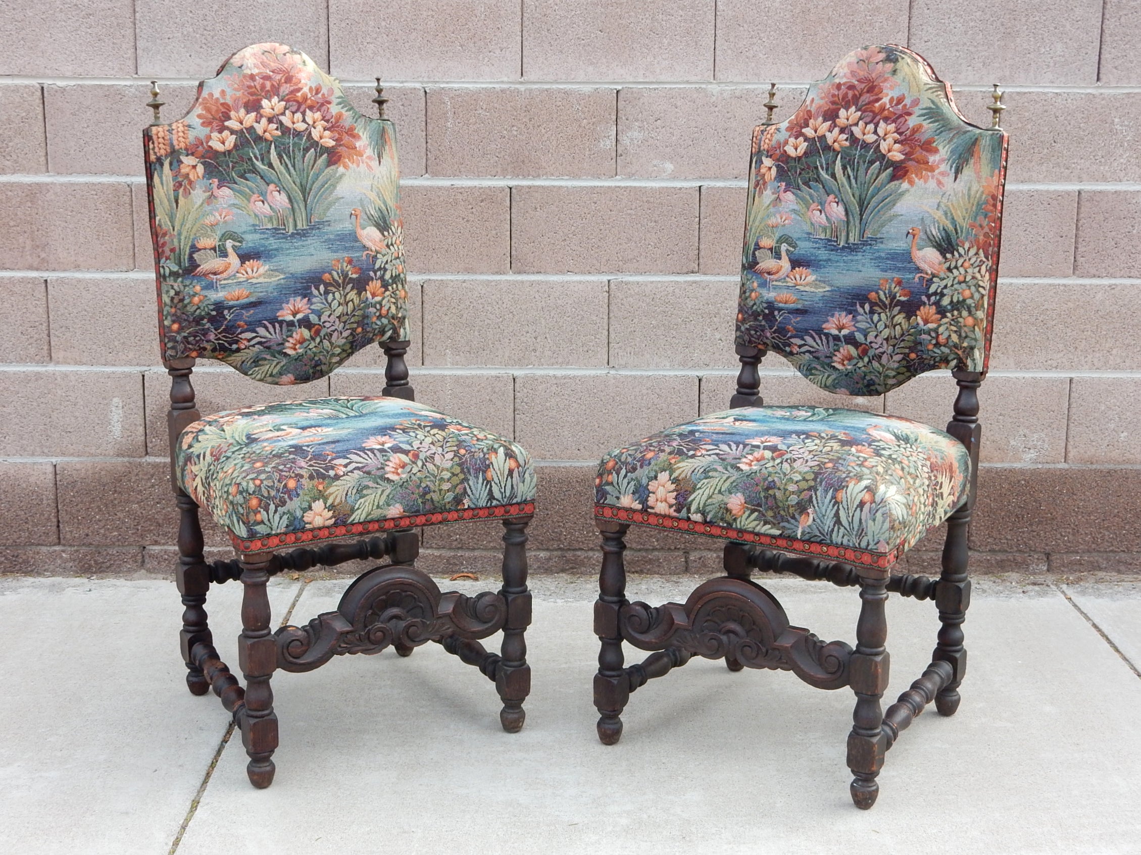 1940's Spanish Colonial Revival Chairs Dressed in Flamingo Garden Upholstery 4