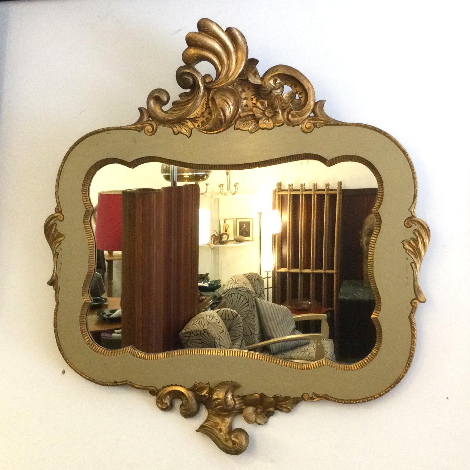 1940s Wall gilded wood mirror probably from Spain with some French Influences.