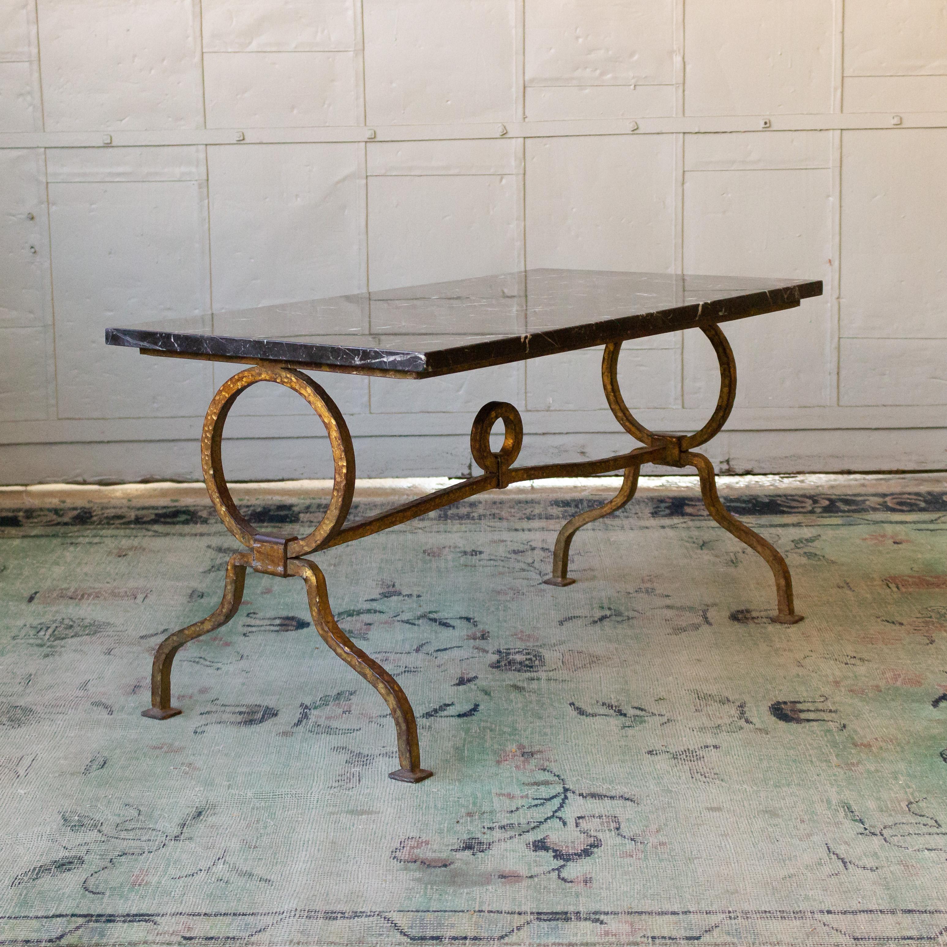 1940s Spanish Gilt Iron Table with Marble Top In Excellent Condition In Buchanan, NY
