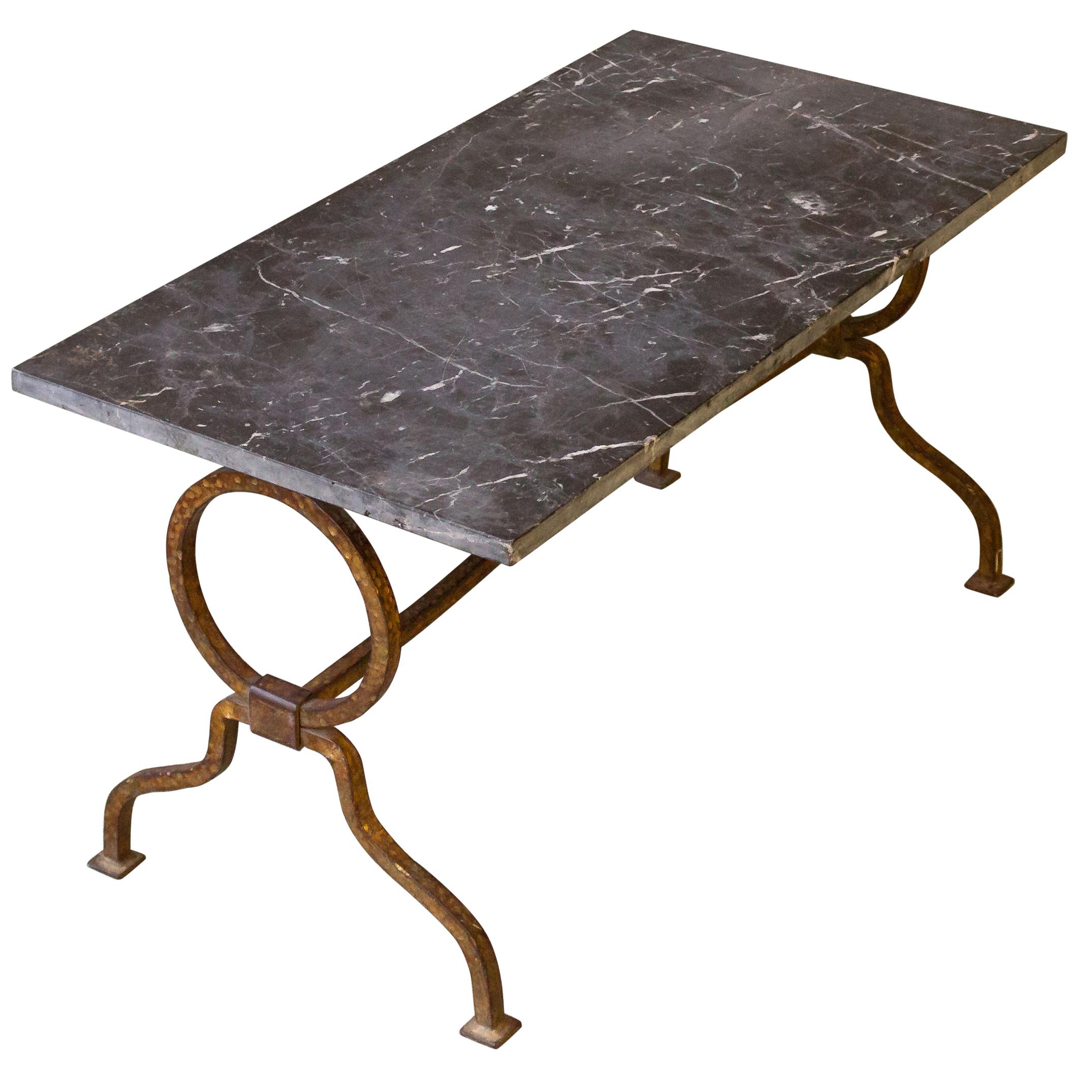 1940s Spanish Gilt Iron Table with Marble Top