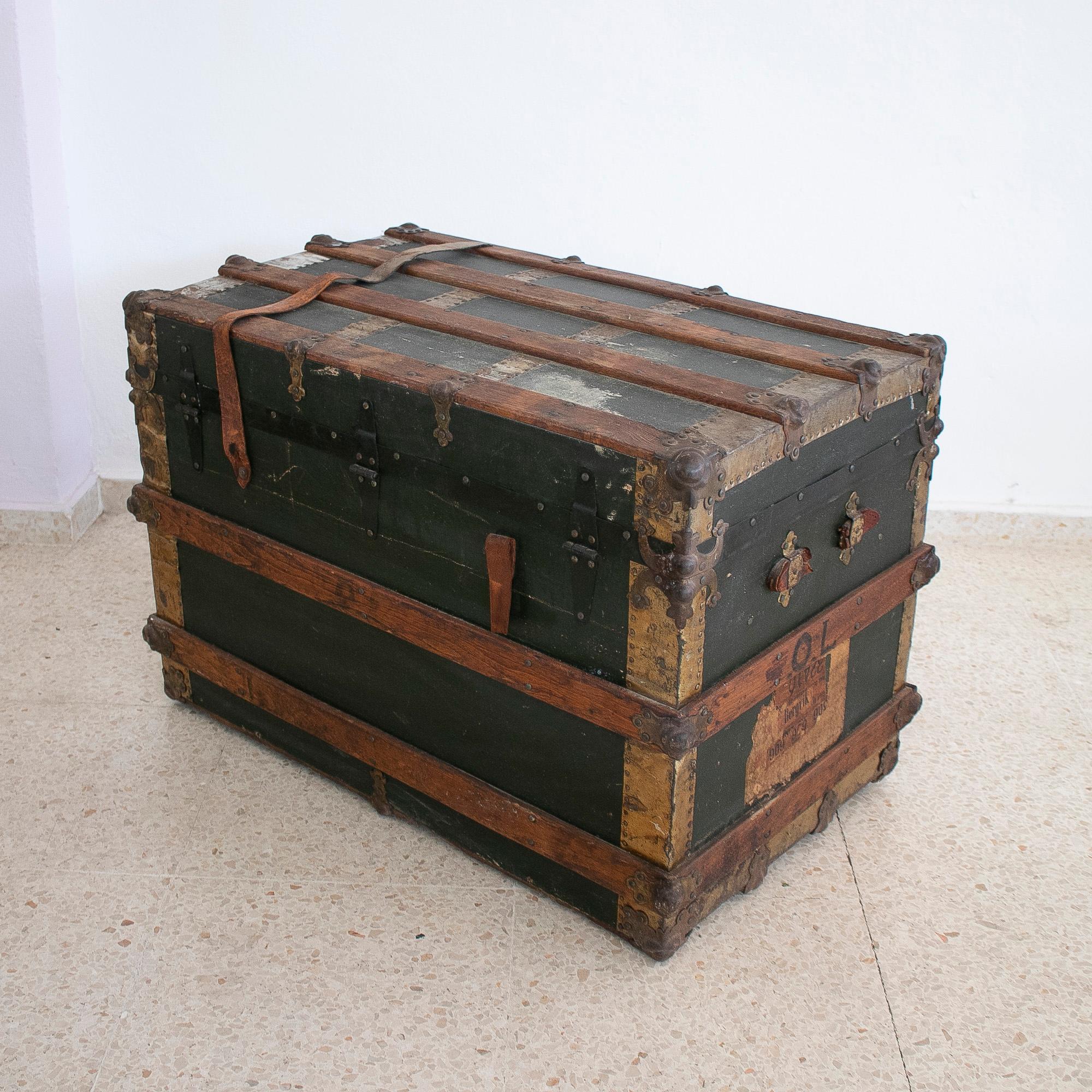 1940s Spanish Leather & Wood Travel Trunk w/ Initials 5