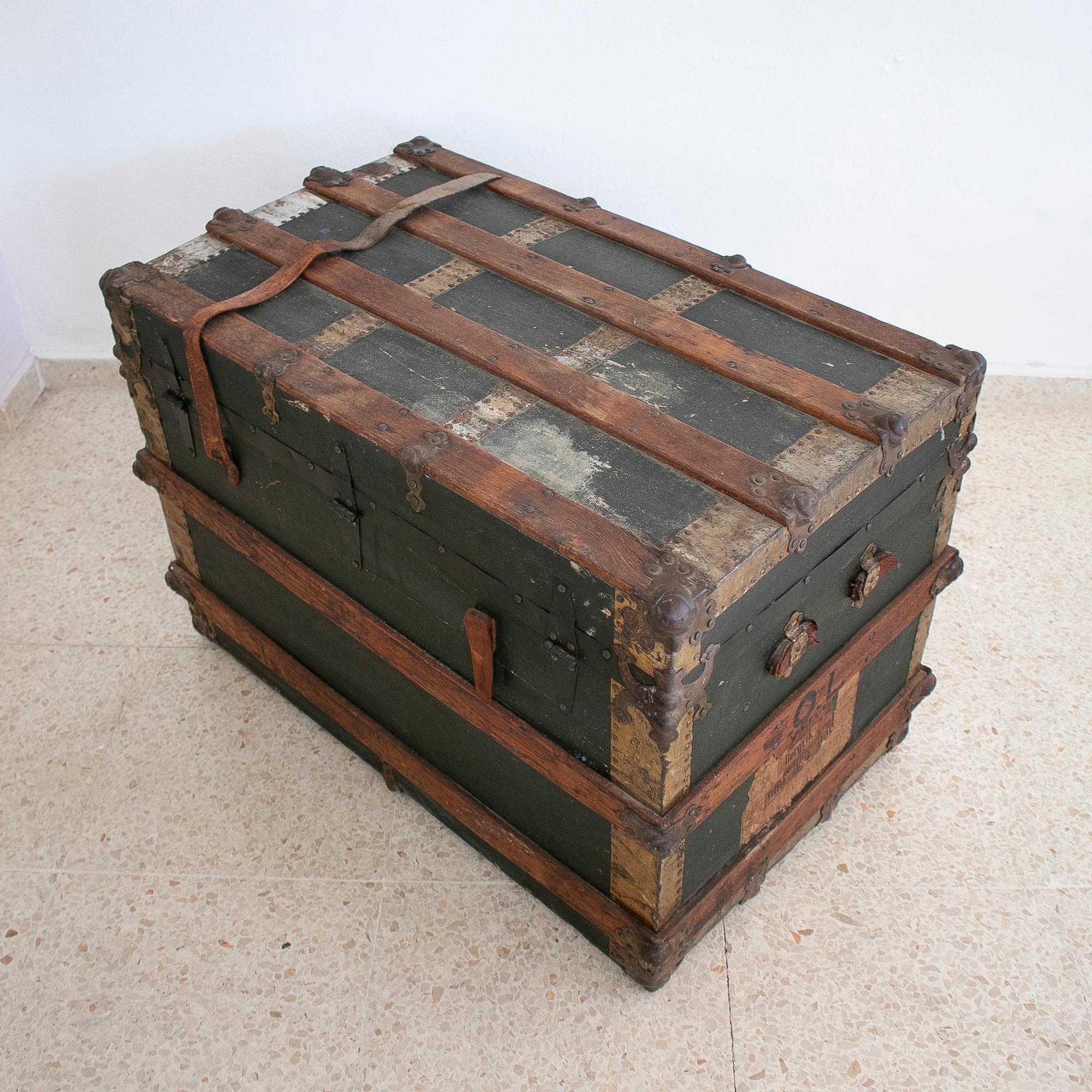 1940s Spanish Leather & Wood Travel Trunk w/ Initials 4