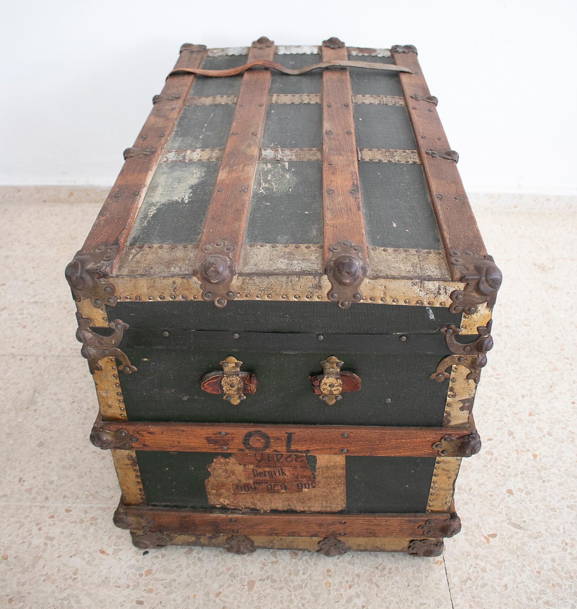 1940s Spanish Leather & Wood Travel Trunk w/ Initials 7