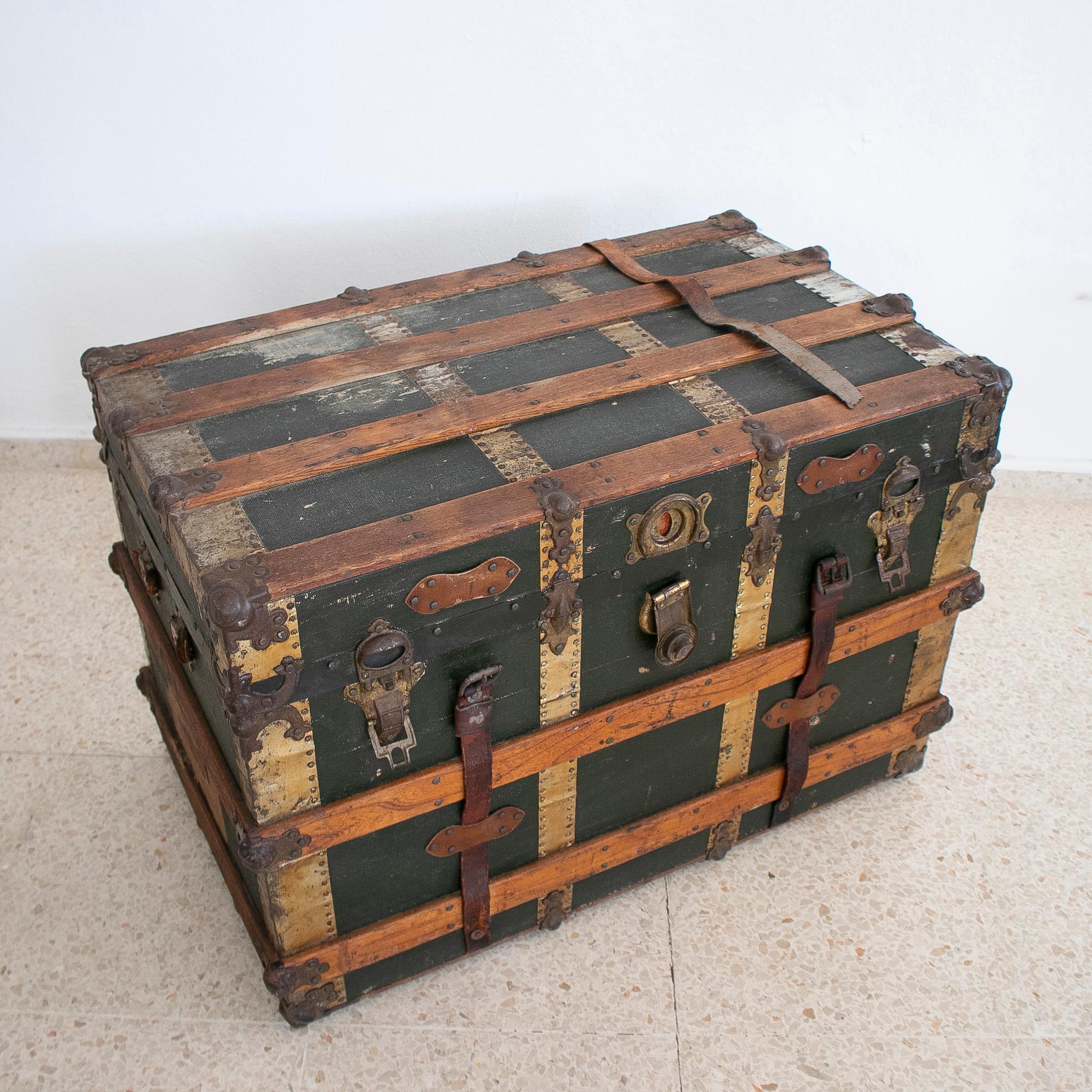 Vintage 1940s Spanish leather & wood travel trunk with initials.
