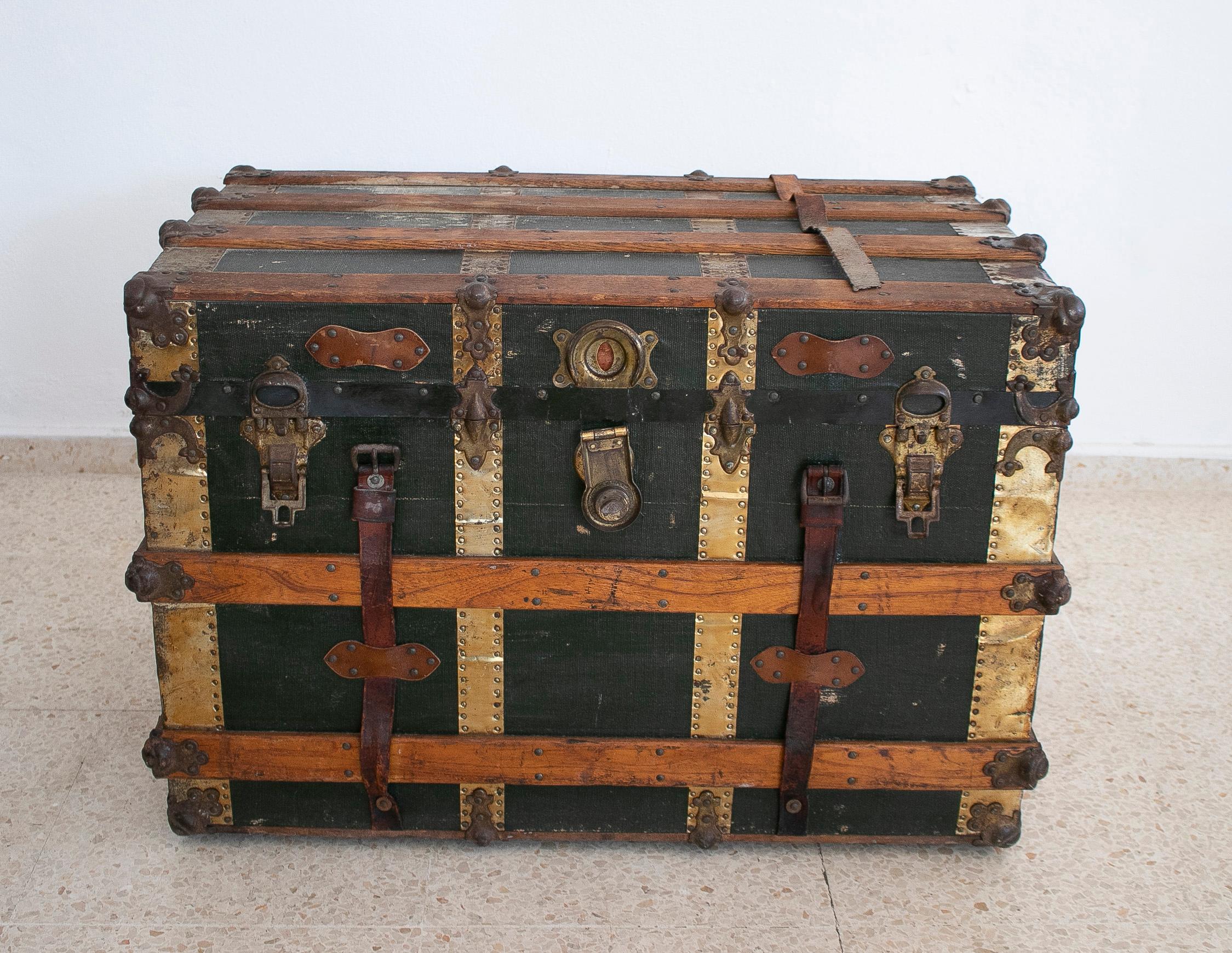 1940s Spanish Leather & Wood Travel Trunk w/ Initials In Good Condition In Marbella, ES