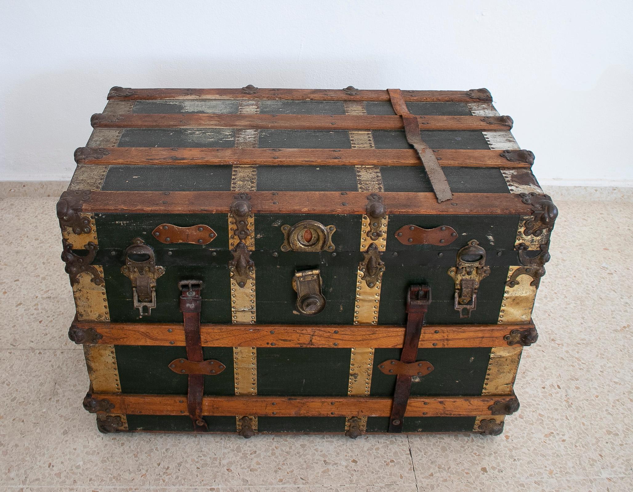 20th Century 1940s Spanish Leather & Wood Travel Trunk w/ Initials