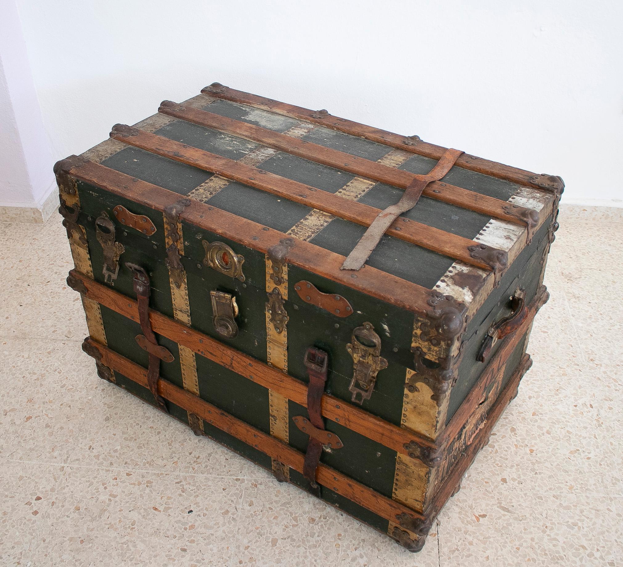 20th Century 1940s Spanish Leather & Wood Travel Trunk w/ Initials
