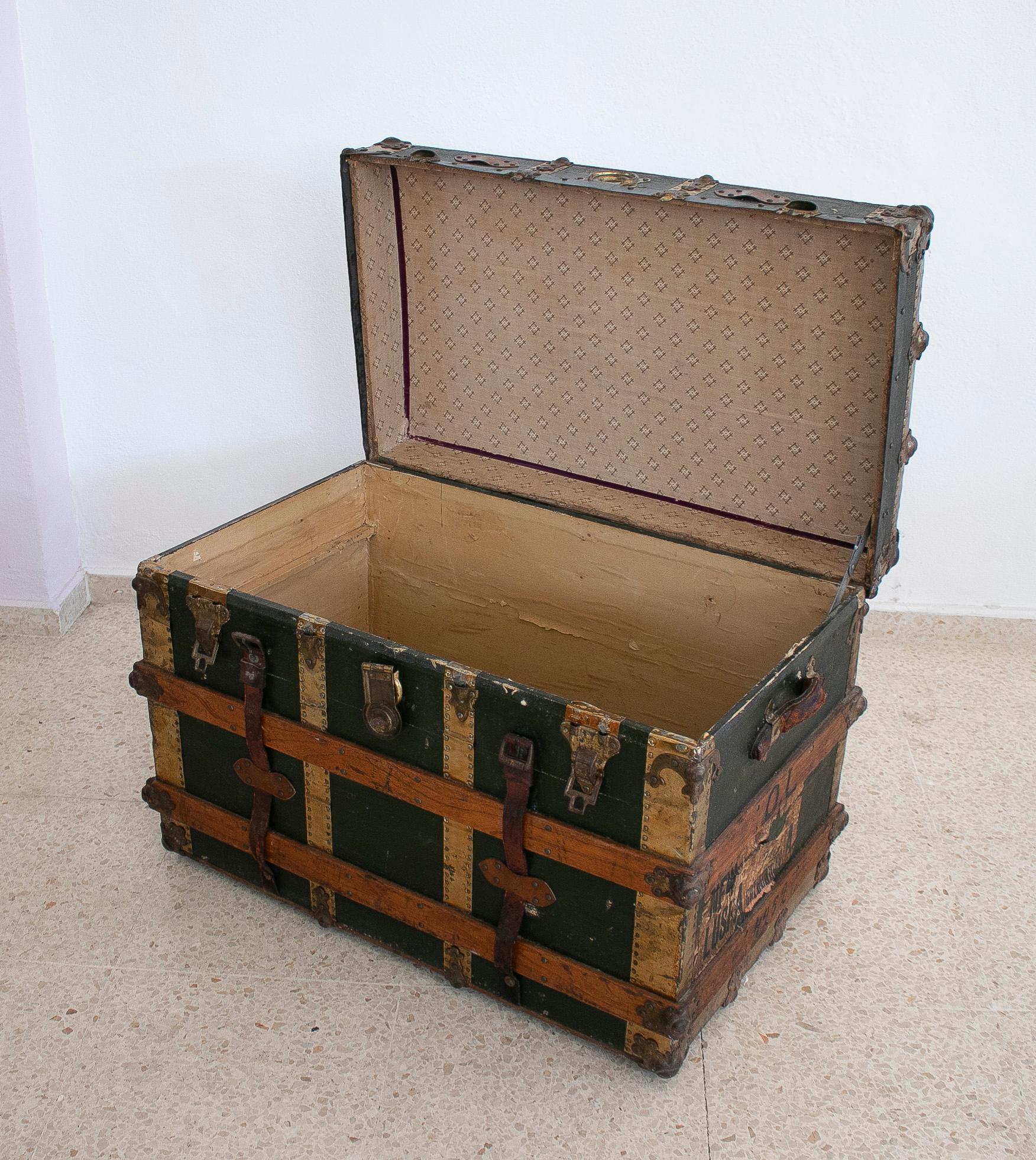 1940s Spanish Leather & Wood Travel Trunk w/ Initials 2