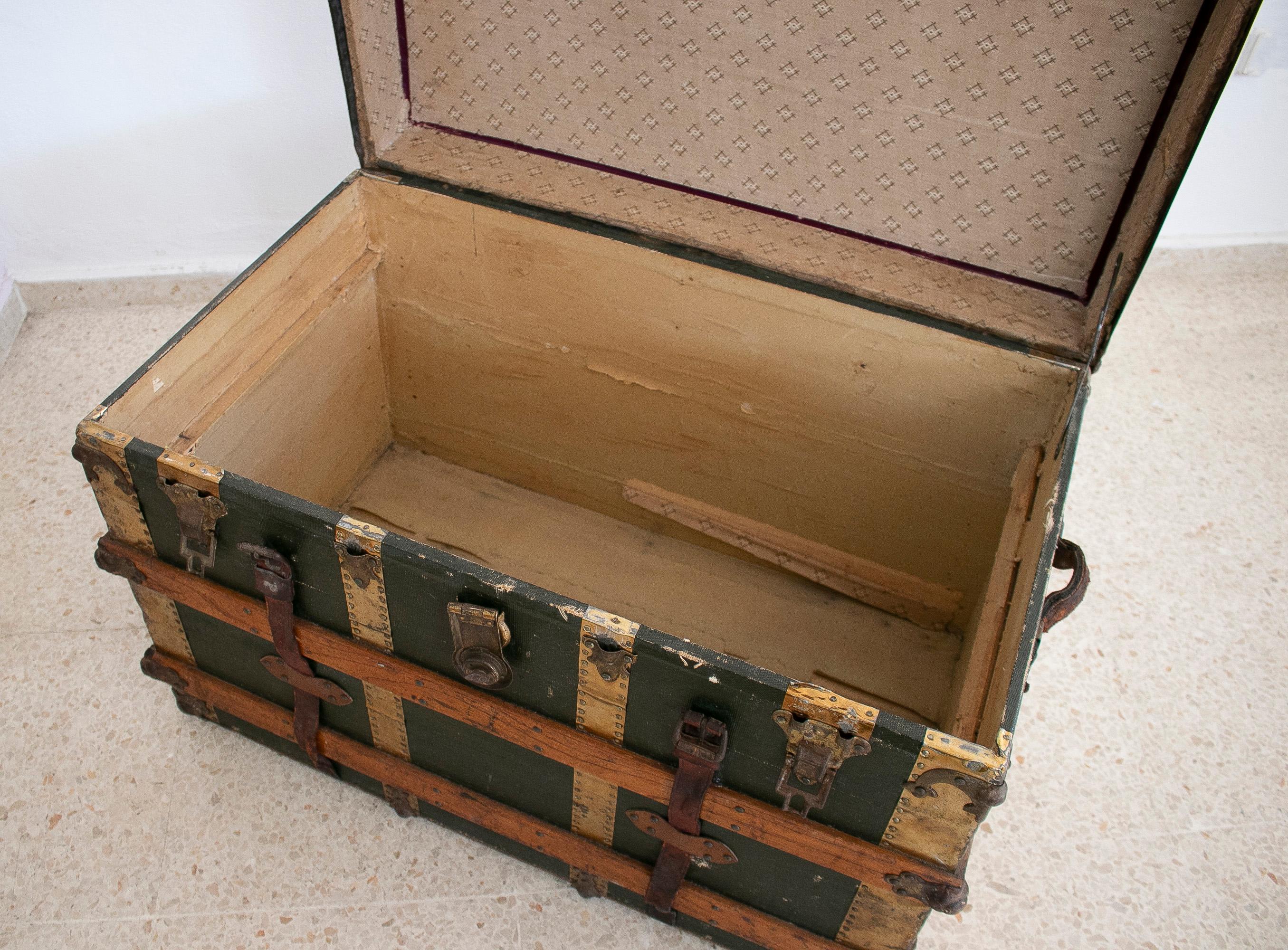 1940s Spanish Leather & Wood Travel Trunk w/ Initials 3
