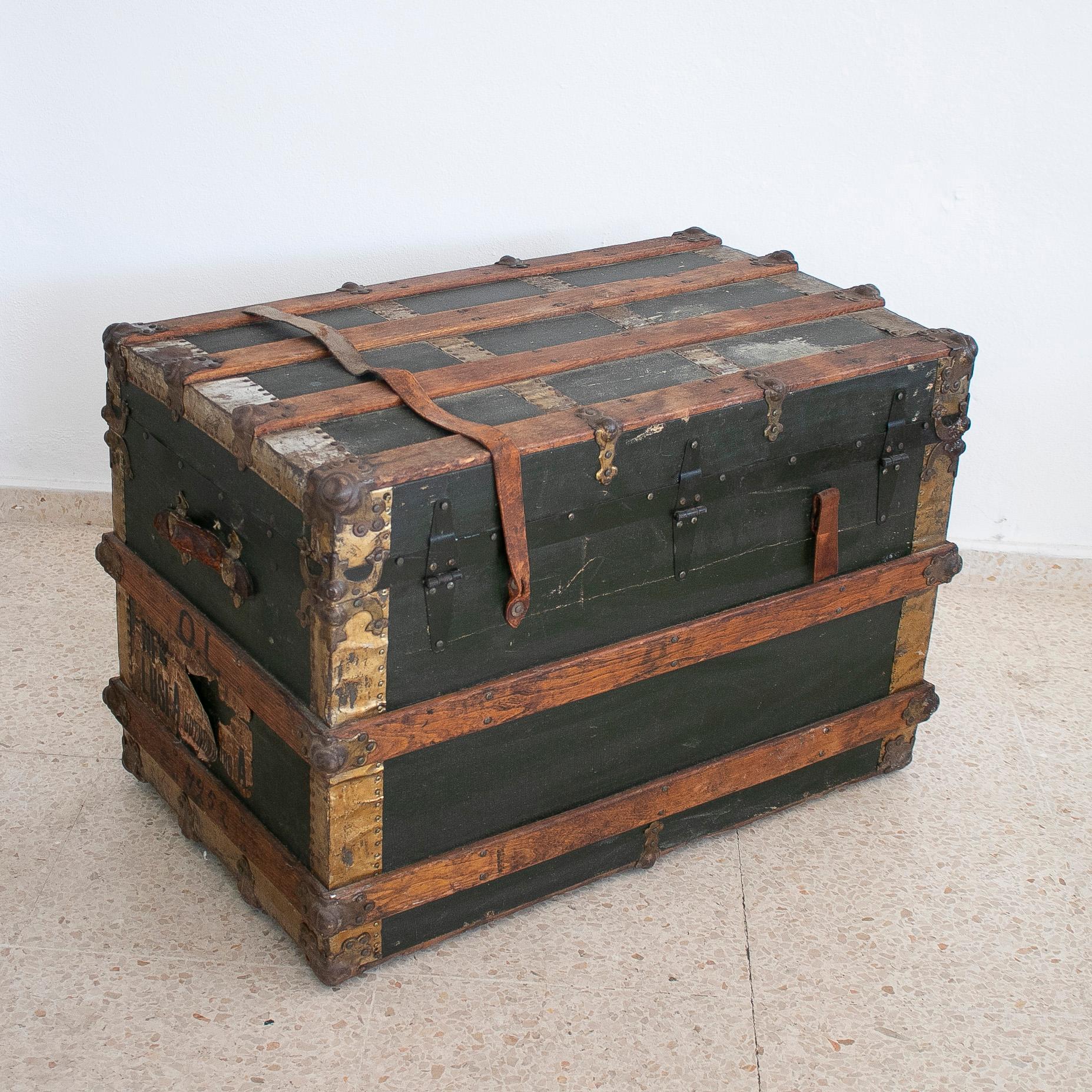 1940s Spanish Leather & Wood Travel Trunk w/ Initials 4