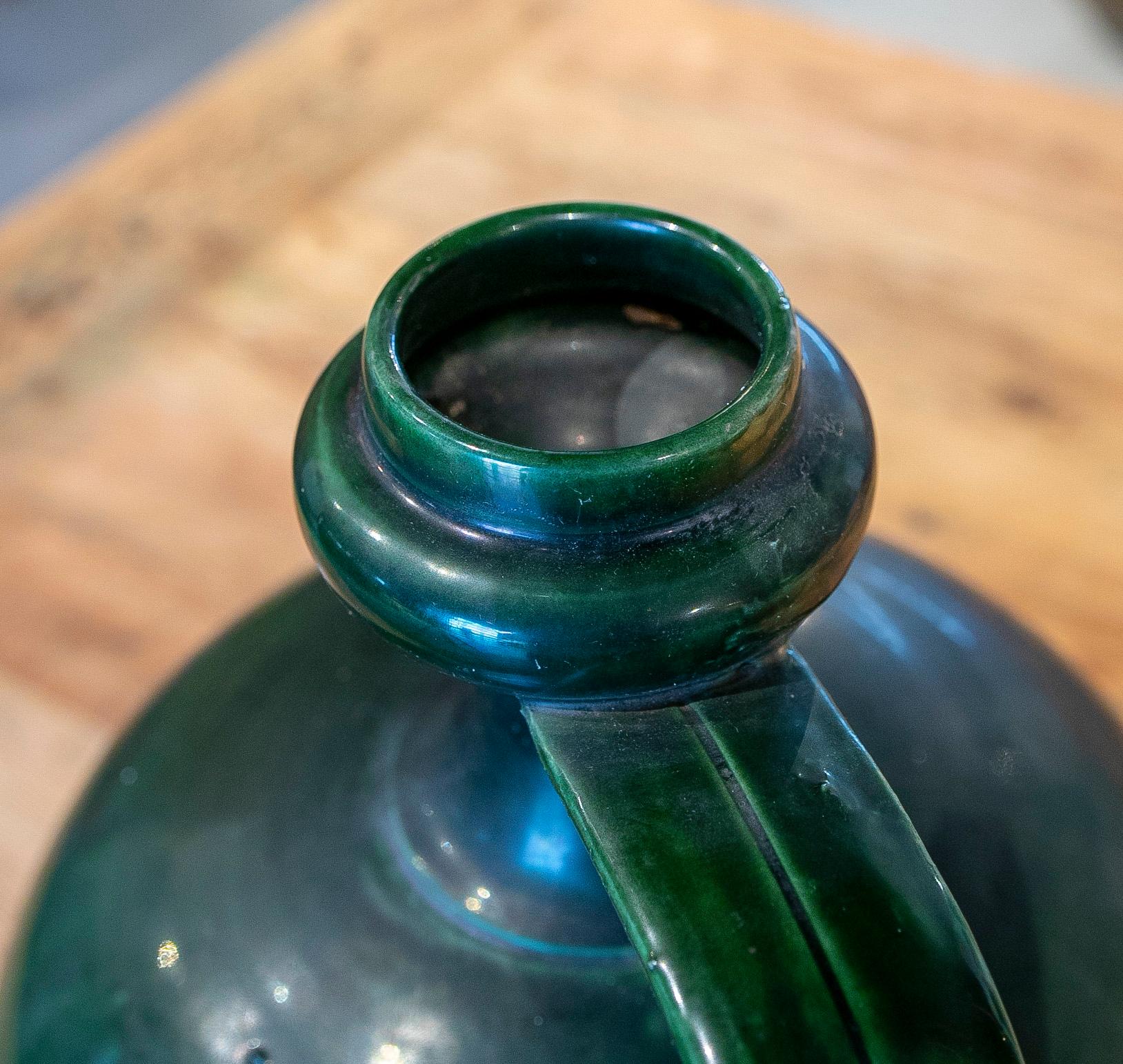 Vase espagnol des années 1940 « Perula » en terre cuite émaillée verte de Jaen en vente 3