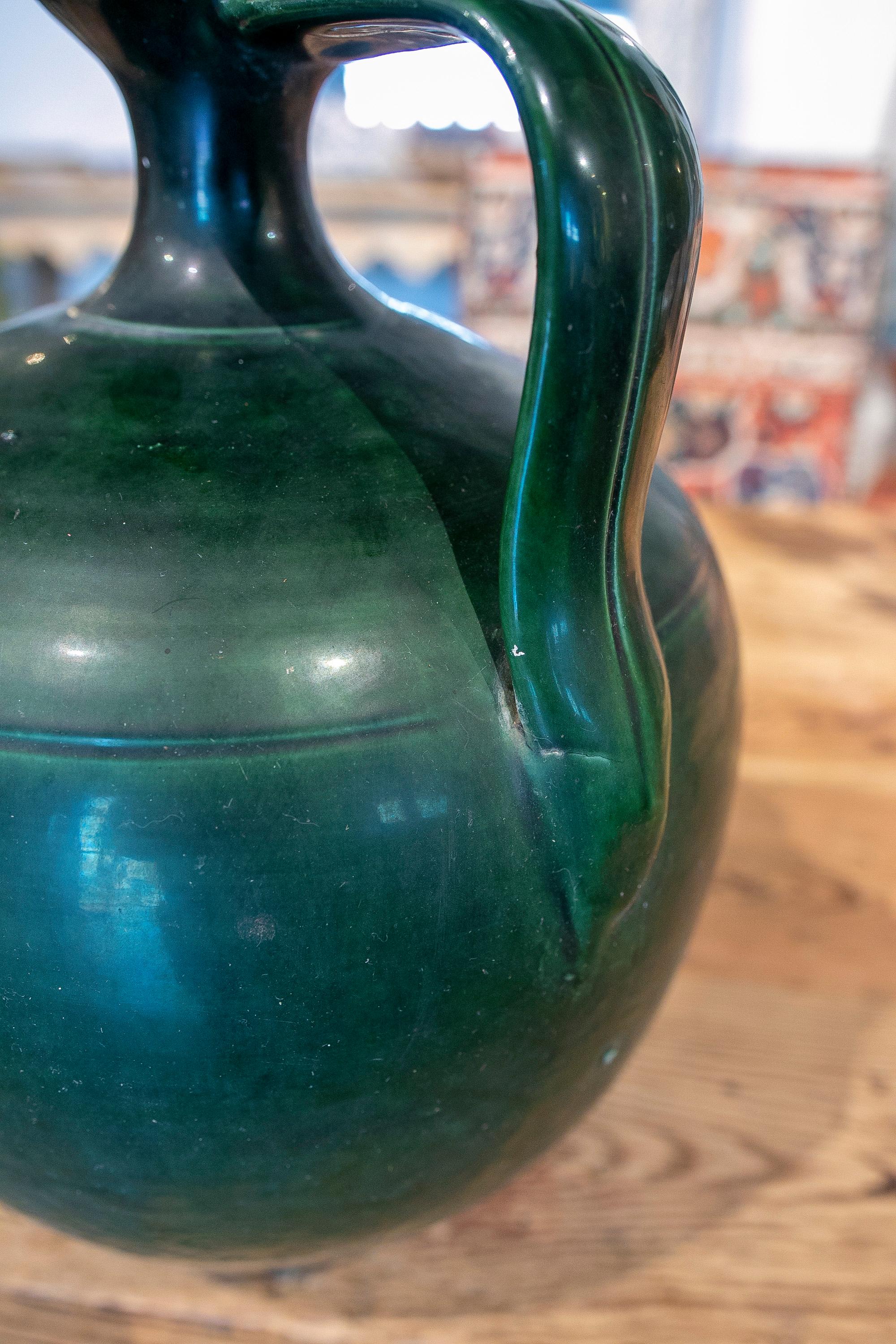 Vase espagnol des années 1940 « Perula » en terre cuite émaillée verte de Jaen en vente 4