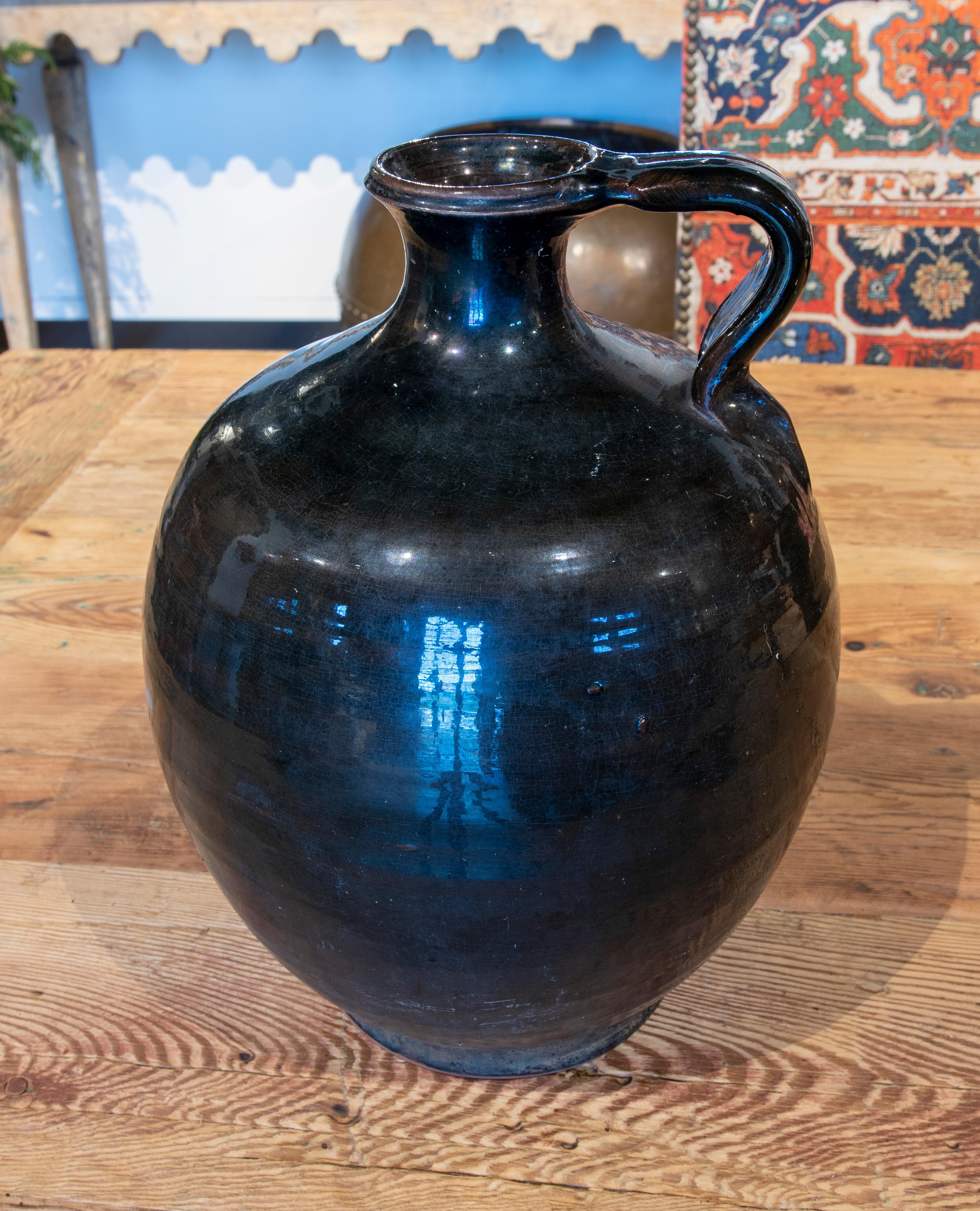 Vase espagnol Perula en terre cuite émaillée verte des années 1940 de Jaen Bon état - En vente à Marbella, ES