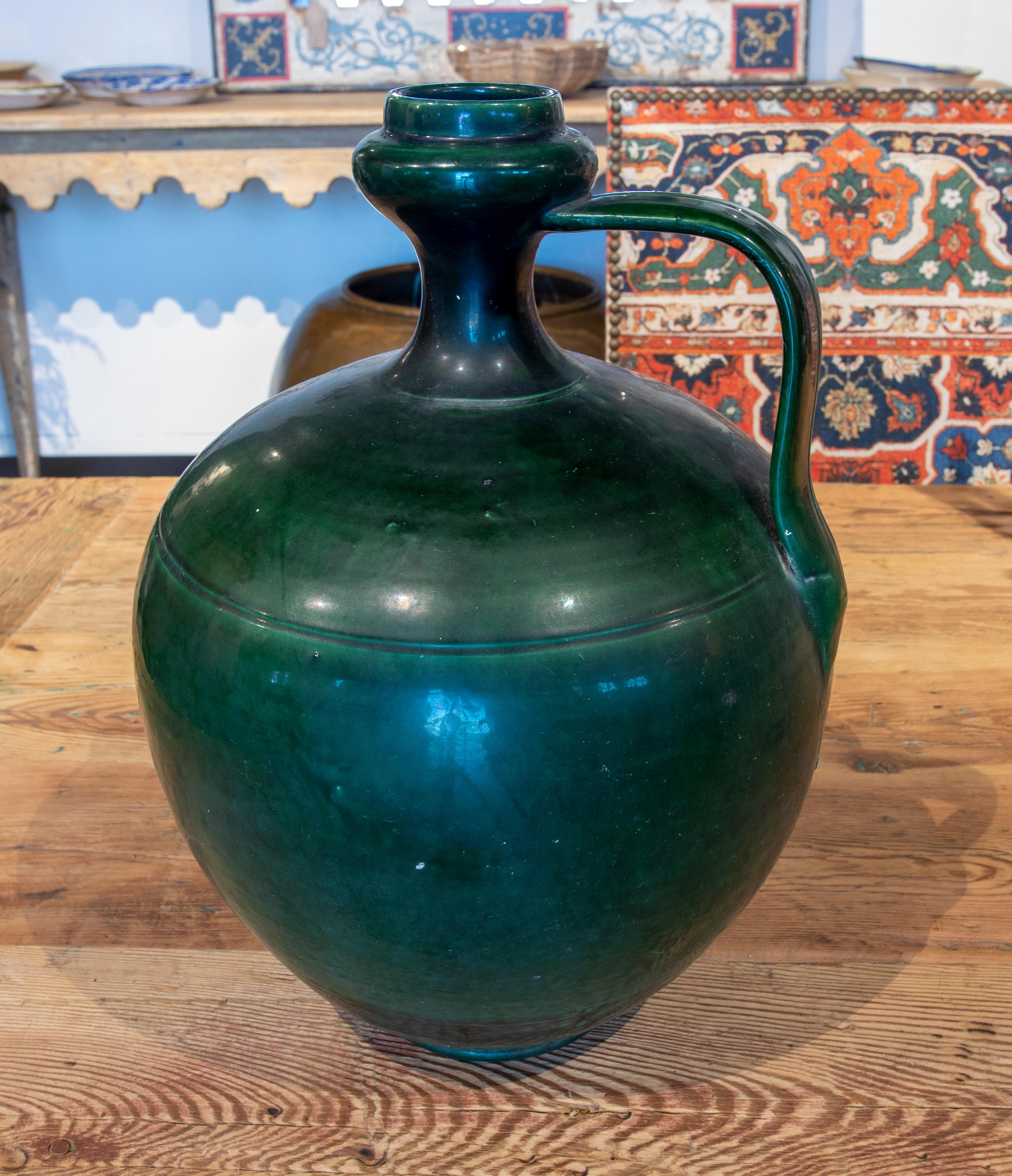 Vase espagnol des années 1940 « Perula » en terre cuite émaillée verte de Jaen Bon état - En vente à Marbella, ES
