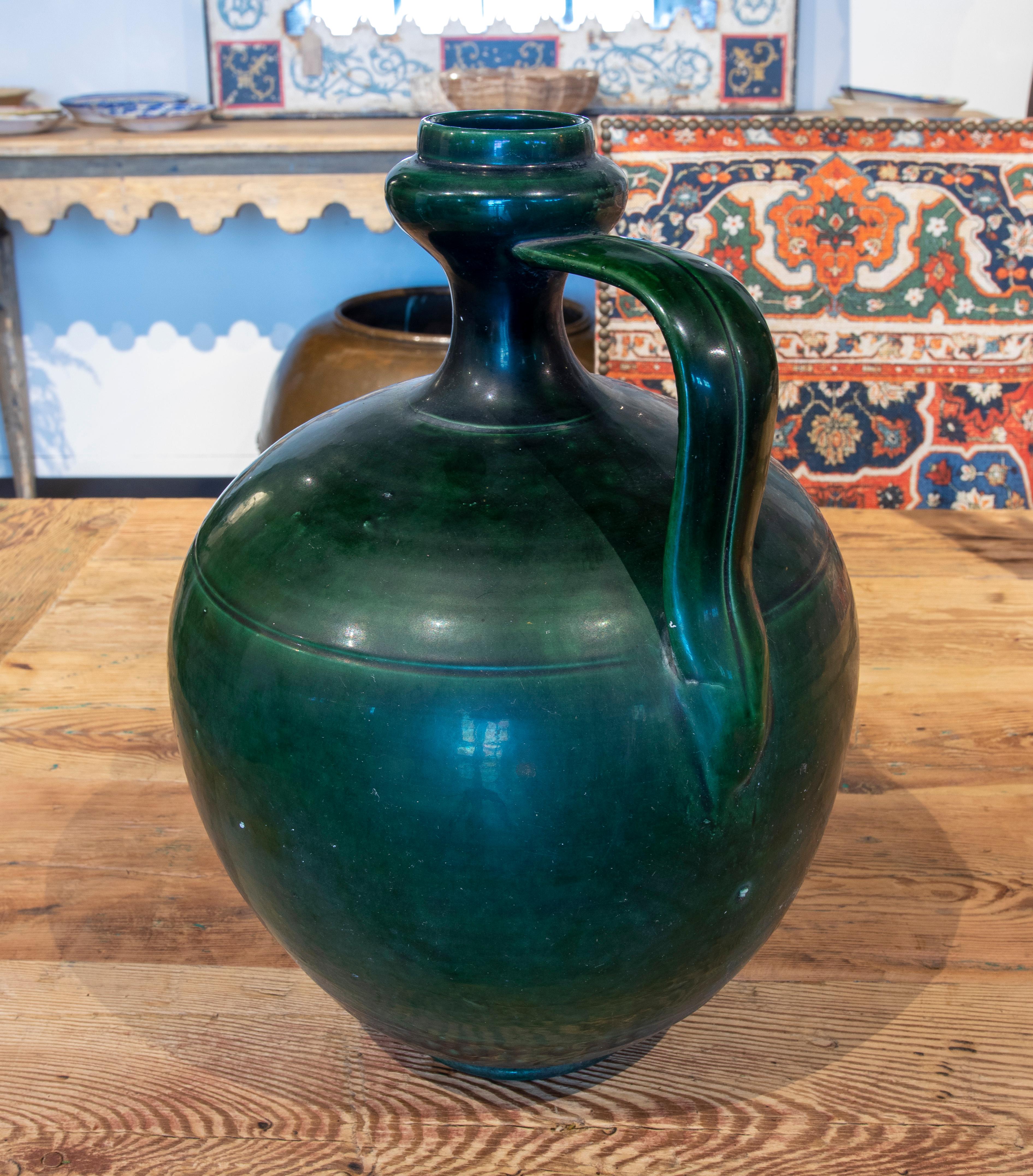 20ième siècle Vase espagnol des années 1940 « Perula » en terre cuite émaillée verte de Jaen en vente
