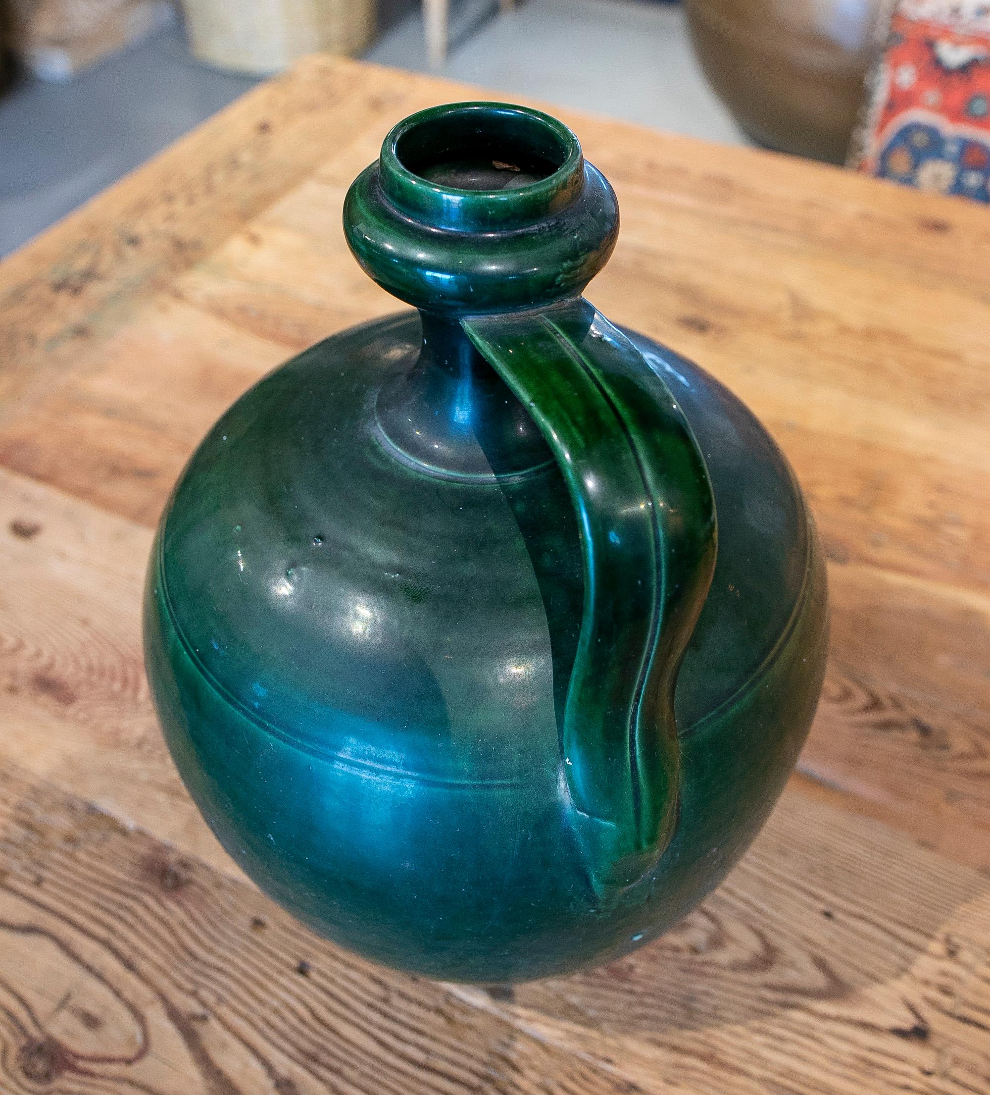 Vase espagnol des années 1940 « Perula » en terre cuite émaillée verte de Jaen en vente 2
