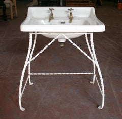 1940s Spanish Porcelain Wash Basin with Bronze Taps and Iron Stand