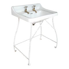 Retro 1940s Spanish Porcelain Wash Basin with Bronze Taps and Iron Stand