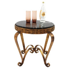 1940s Spanish Round Coffee Table in Gilt Wrought Iron and Black Marble