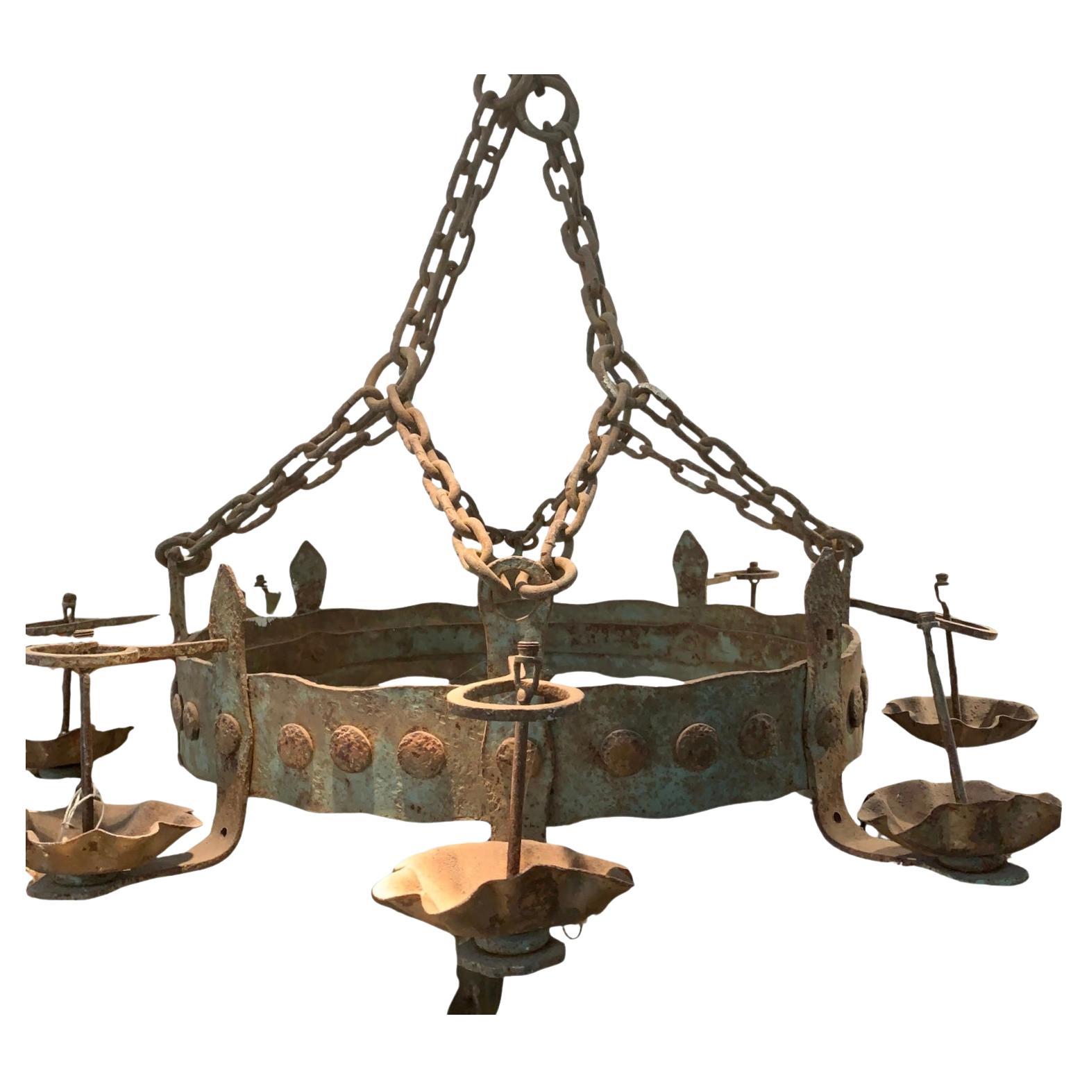 1940s Spanish wrought iron chandelier For Sale