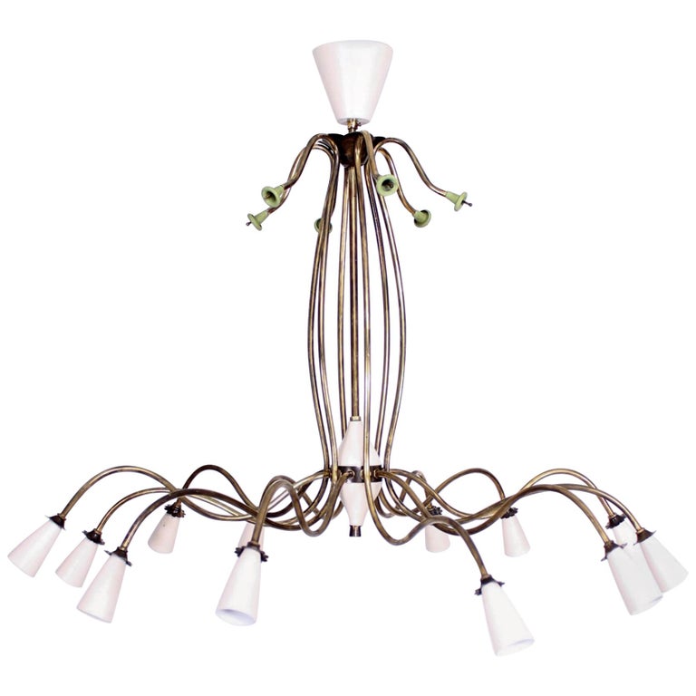 1940s Splendor Italian Twelve-Arm Golden Brass Chandelier in White and