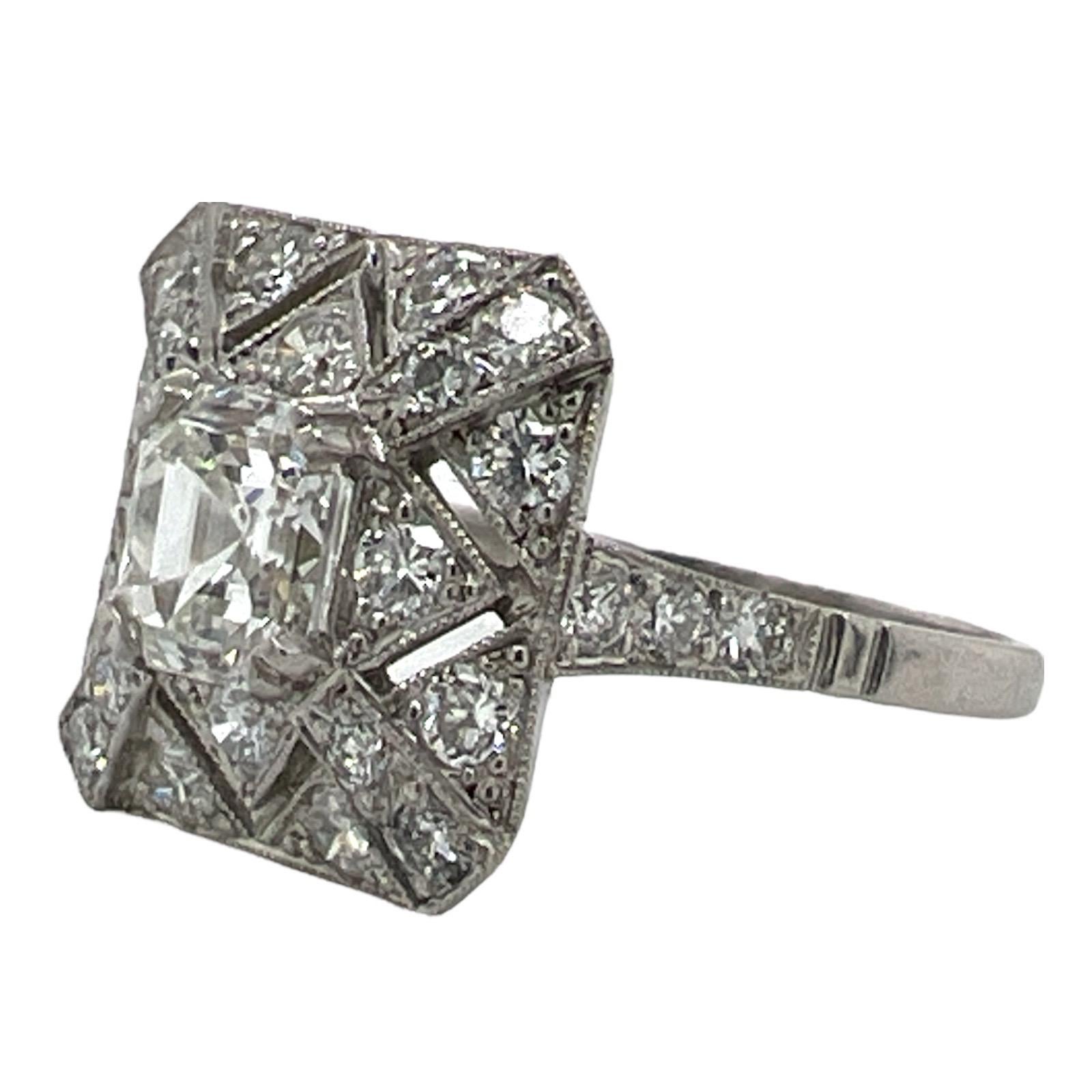 1940's Asscher Cut Diamond Platinum Vintage Cocktail Engagement Ring In Excellent Condition In Boca Raton, FL