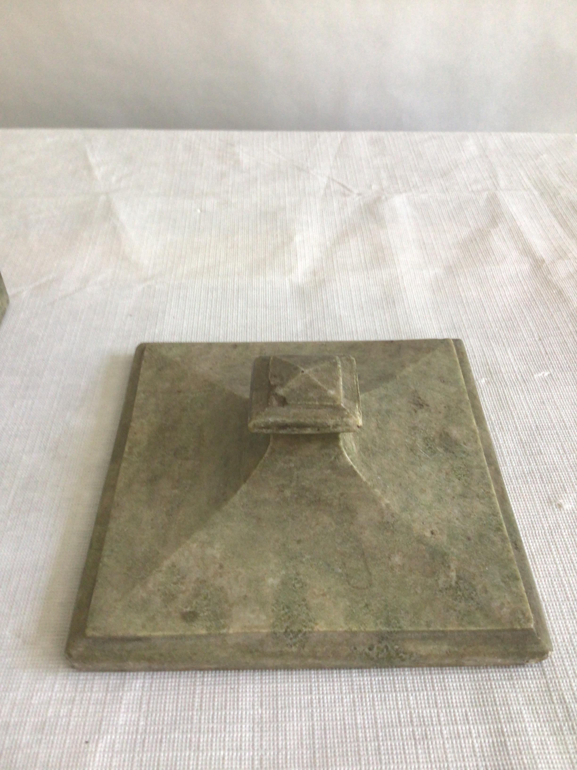 1940s Square Green Marble Box With Sculpted Lid For Sale 1