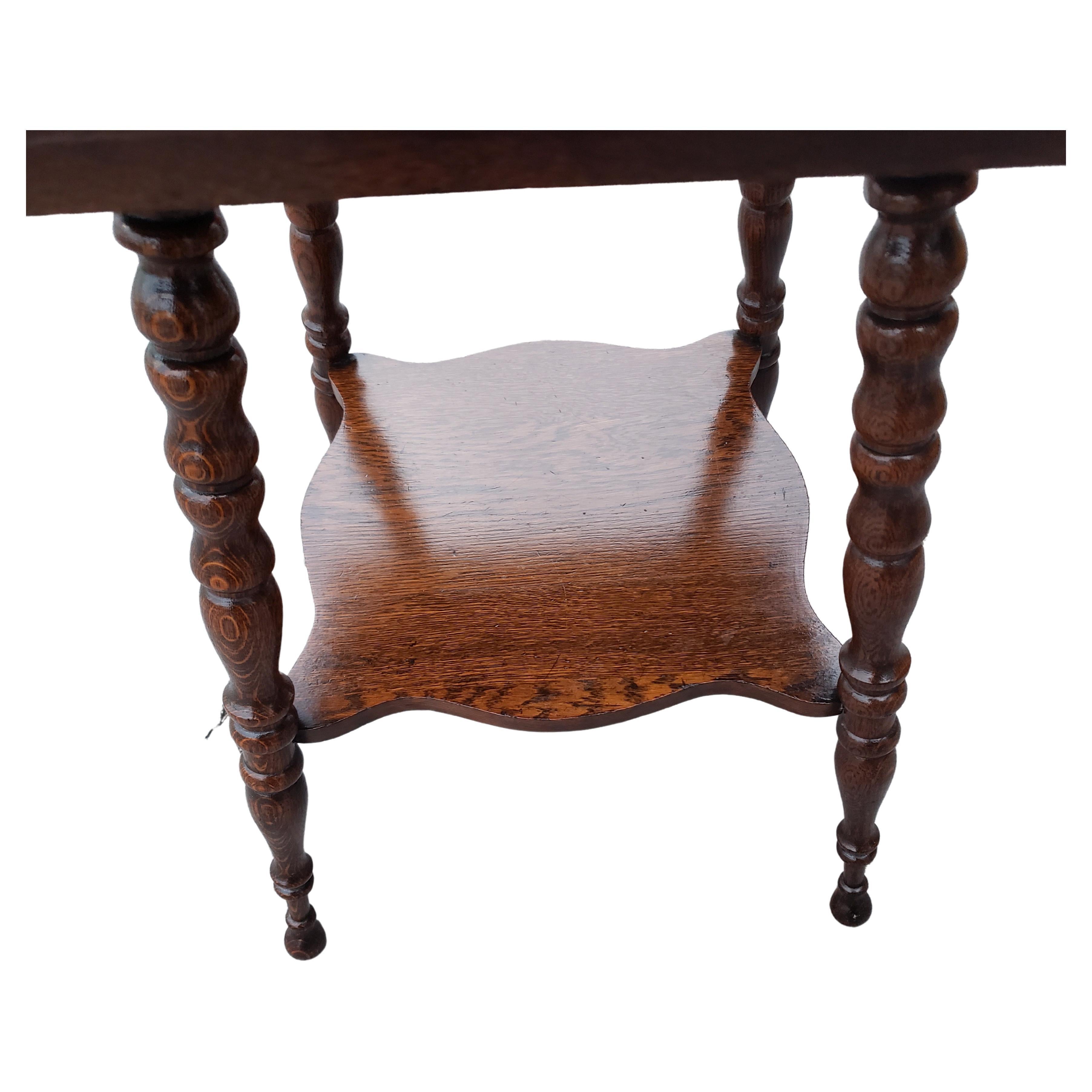 American Colonial 1940s Square Quarter Sawn Tiger Oak Two-Tier Parlor Table with Bobbin Legs