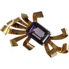 1940s Sterling Silver Gold Wash Brooch with Emerald-Cut Purple Glass Stone