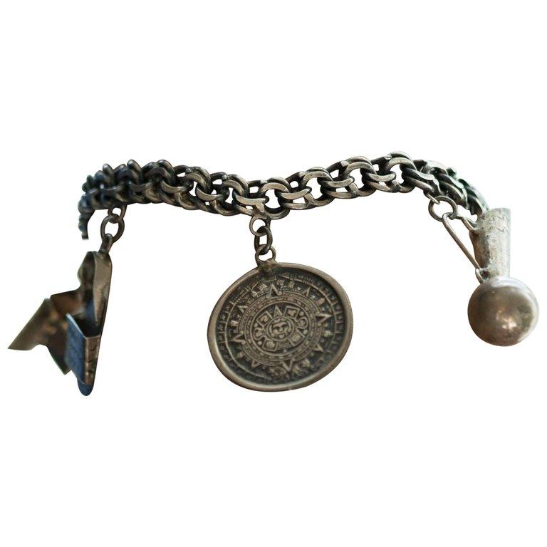 1940s Sterling Silver Mexican Charm Bracelet For Sale at 1stDibs