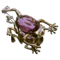 1940s Sterling Vermeil Amethyst Crystal Frog Brooch Designed by Reja