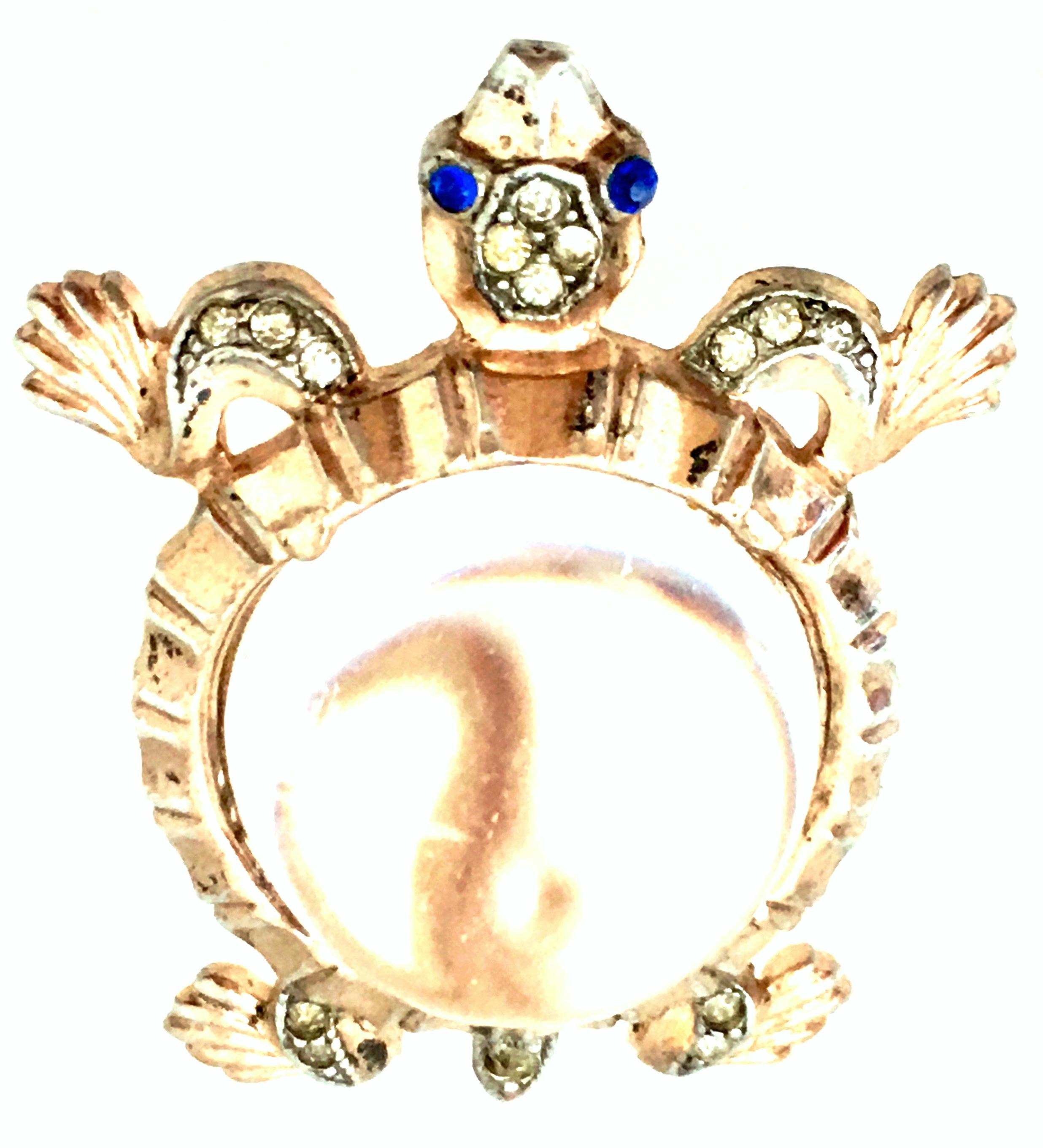 1940'S Iconic & Coveted Sterling Silver, Gold Vermeil, Lucite & Austrian Crystal Turtle Jelly Belly Brooch By, Alfred Phillipe For Trifari. This rare collectors Turtle Jelly Belly is executed in sterling silver with a gold wash finish, colorless